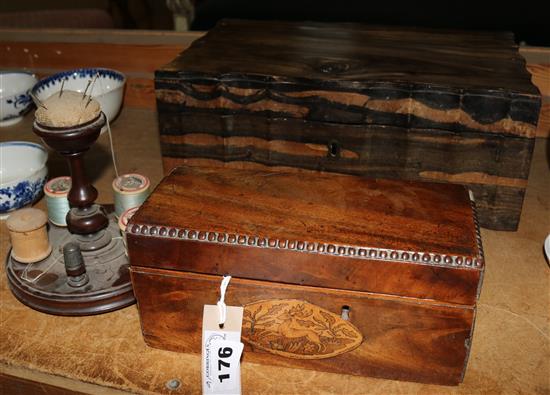 19C coromandel box with shaped edges and hinged cover & mahog tea caddy etc
